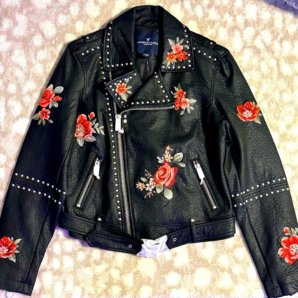 BNWT American Eagle Floral embroidered studded Moto jacket